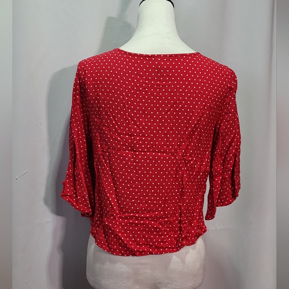 Mossimo Supply Co. Women's Red Polka Dot Tie-Front Peasant Blouse Size Small 🐈 - Picture 7 of 8